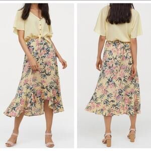 H&M Divided High-Waisted Floral Midi Skirt Yellow Pink Size 10 Fits 10 – 12 EUC